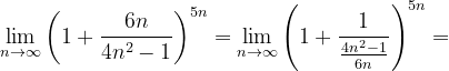 \dpi{120} \lim_{n \to \infty }\left ( 1+\frac{6n}{4n^{2}-1} \right )^{5n}=\lim_{n \to \infty }\left ( 1+\frac{1}{\frac{4n^{2}-1}{6n}} \right )^{5n}=